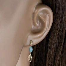 14K Yellow gold earrings – light blue agate, leaves, studs