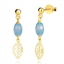 14K Yellow gold earrings – light blue agate, leaves, studs