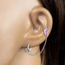 Earrings for two holes in 925 silver – a butterfly with pink zircons, a hoop, a stud