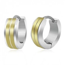 Steel ring with hinged snap fastening, two strips in gold hue