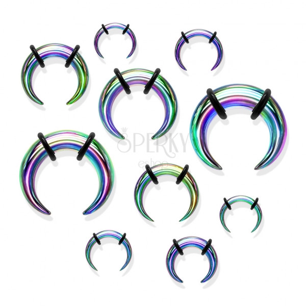 Steel ear piercing, buffalo style, rainbow colour, black rubbers