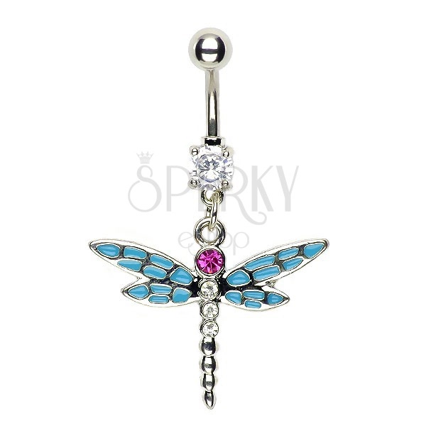 Dragonfly belly piercing - blue multiple wings and pink zircon