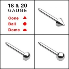 Stainless steel nose piercing - various shapes of head, smooth finish