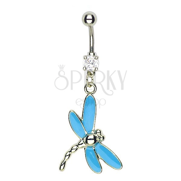 Dragonfly navel ring - blue wings, multiple tail