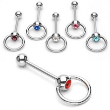 316L Steel tongue piercing – shiny bar with a ring, finished with a zircon in a bezel