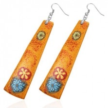 Orange Fimo earrings - long rectangle, flowers