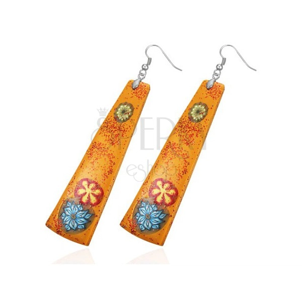 Orange Fimo earrings - long rectangle, flowers