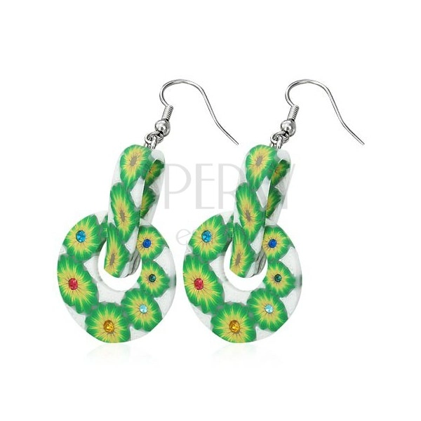 FIMO round earrings - green flowers, peg