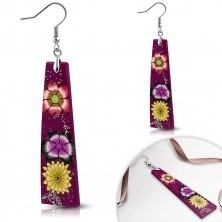 Earrings made of FIMO - violet rectangles, flowers and glitters