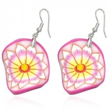 Fimo earrings - pink wavy circle, flower with yellow centre