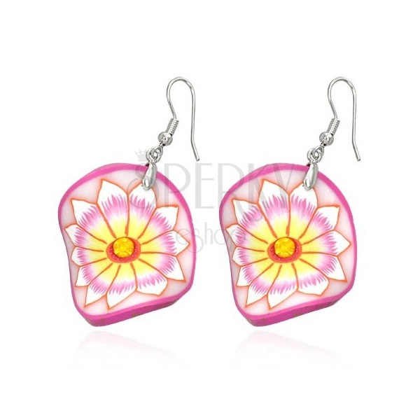 Fimo earrings - pink wavy circle, flower with yellow centre