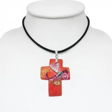 Necklace Fimo - red glittered cross and butterfly