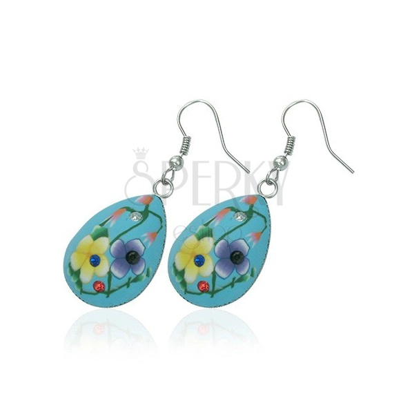 Earrings Fimo - aqua blue tear drop, yellow and violet flowers