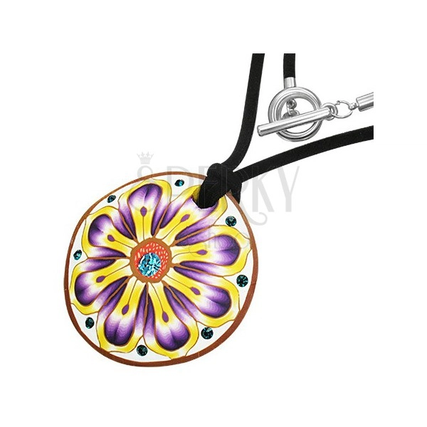Fimo necklace - round, violet-yellow flower, zircons