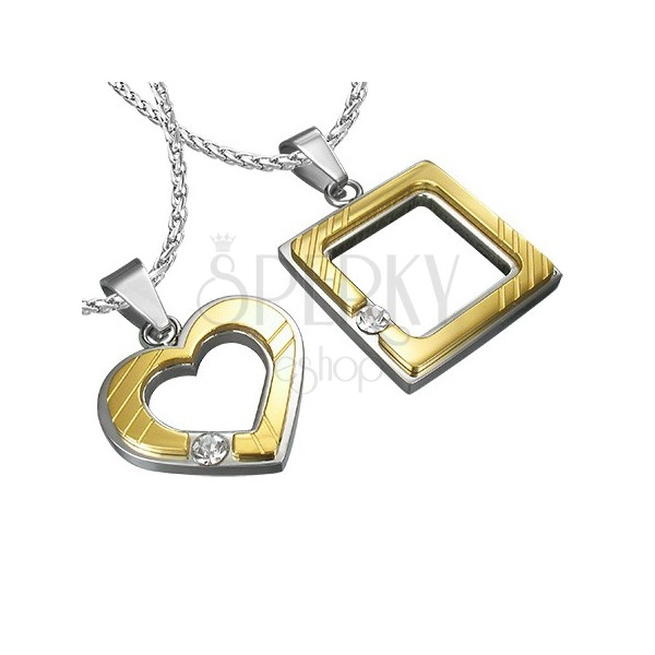 Steel pendant for lovers - square, heart, zircon