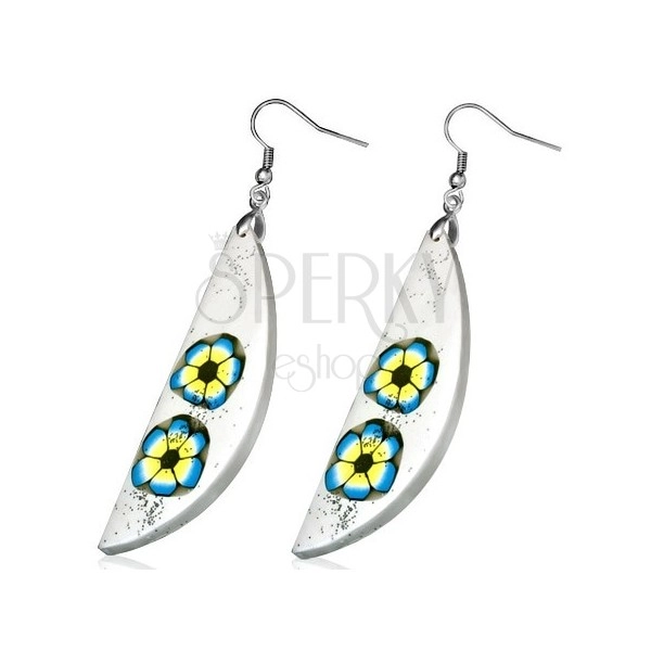 Earrings made of FIMO material - white tear, two coloured flowers, glitters