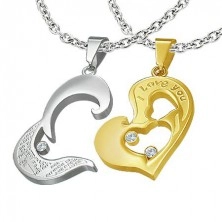 Two-piece steel pendant - golden heart I love you, cross
