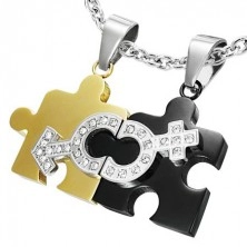 Puzzle couple pendant made of steel with male and female symbols