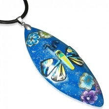 Necklace made of FIMO substance - blue oval, butterfly