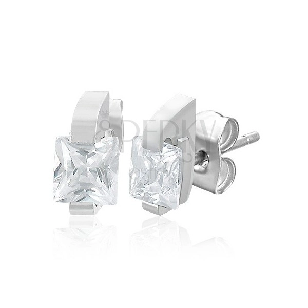 Steel earrings in silver colour - clear zircon in oblong