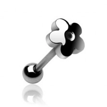 Tongue piercing made of steel - straight bar adorned with a flower and oval petals