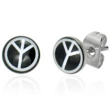 Round steel earrings - black, peace sign