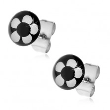 Round steel earrings - white flower on black base
