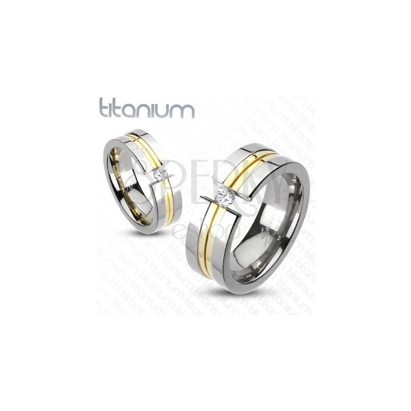 Titanium ring - two golden stripes, zircon