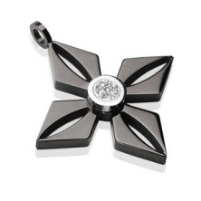 Pendant made of black surgical steel - flower with glossy clear zircon