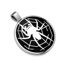Pendant made of 316L steel, black circle with spider motif with spider web