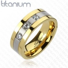 Titanium ring - gold and silver color, three zircons