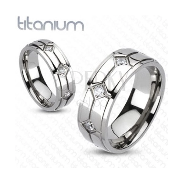 Titanium band - zircons in diamond shaped engraving
