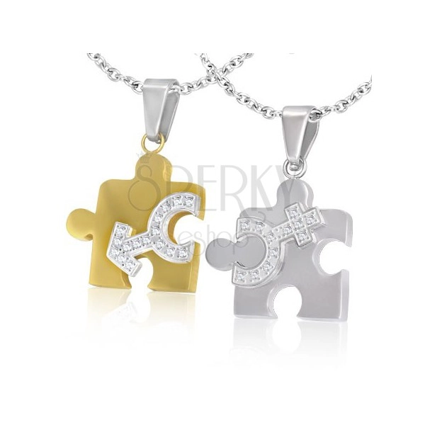 Couple pendants - puzzle jigsaw parts, gender symbols