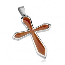 Surgical steel pendant in shape of cross with brown glaze