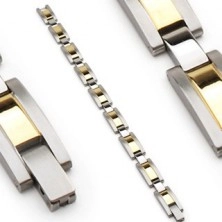 Steel bracelet, links in silver and gold colour, matt borders