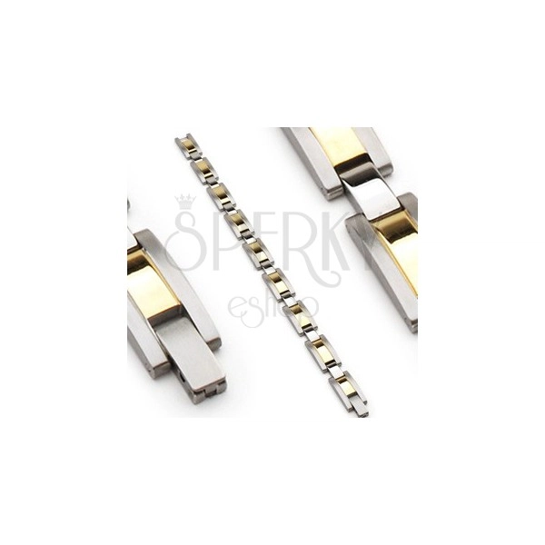 Steel bracelet, links in silver and gold colour, matt borders