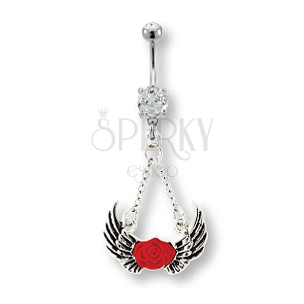 Belly ring with angel wings and red rose