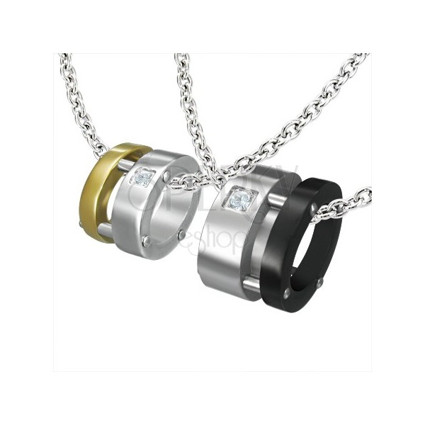 Couple pendants - elipse, gold, black, silver, zircons
