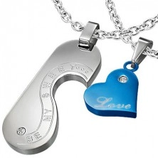 Couple pendants - heart, plate, romantic inscription, zircons, blue colour