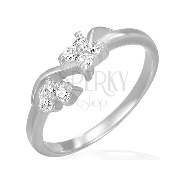 Steel engagement ring - clear zirconic flowers on wave
