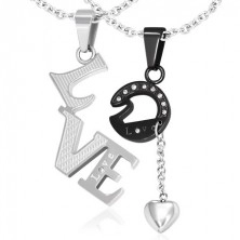 Steel couple pendants - Love, zircons, heart on chain