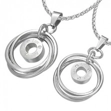 Steel couple pendants - tangled rings in silver color, zircons