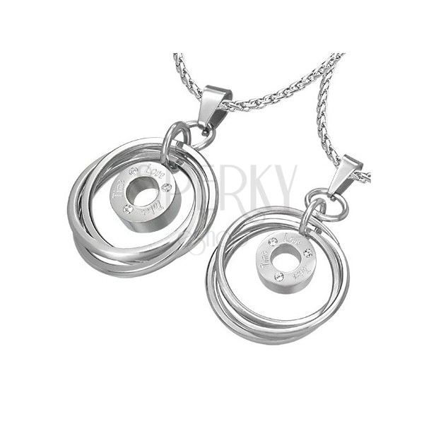 Steel couple pendants - tangled rings in silver color, zircons