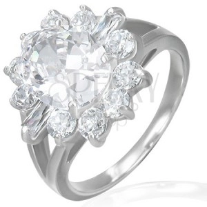 Steel engagement ring - massive zircon flower