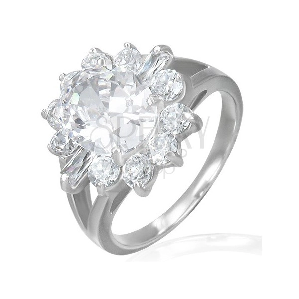 Steel engagement ring - massive zircon flower