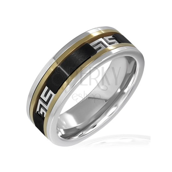 Three-tone ring - black line, Greek pattern