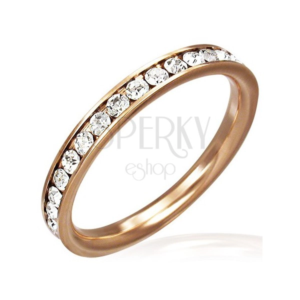 Steel ring in pink-gold colour - clear zircons along the perimeter