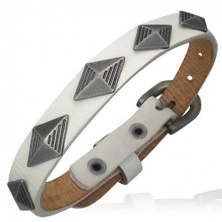 Narrow white leather braclet - 3D pyramids