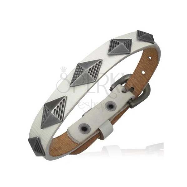 Narrow white leather braclet - 3D pyramids