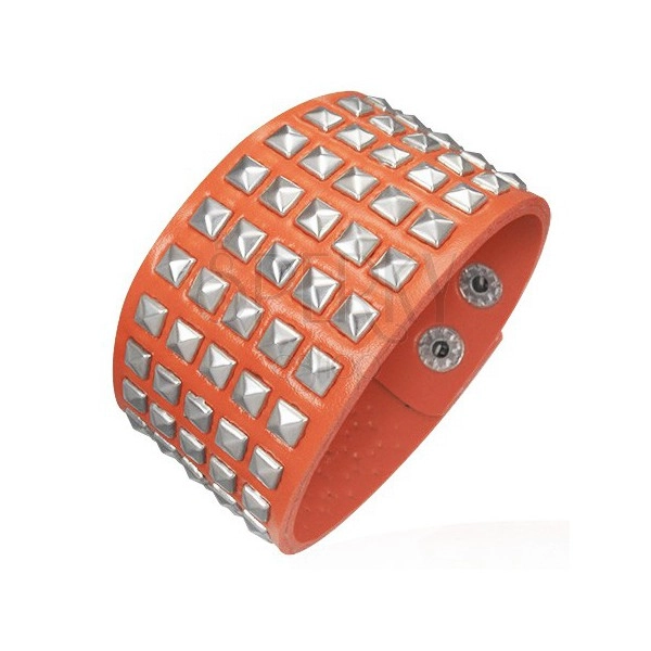 Imitation leather bracelet - pyramid studs, orange color